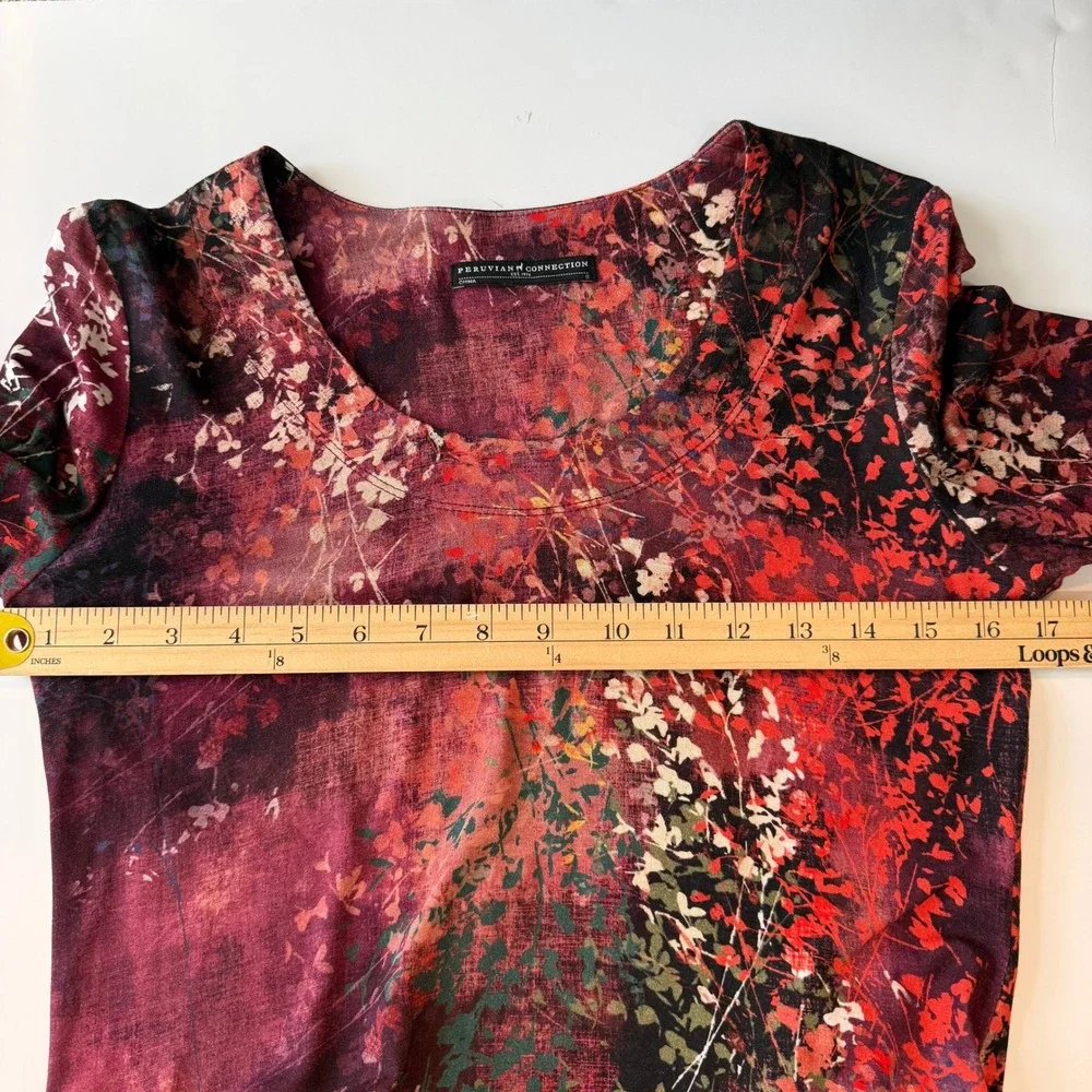 Peruvian Connection Floral Print Tunic Dress Burgundy Small Boho Art To Wear - Picture 12 of 13